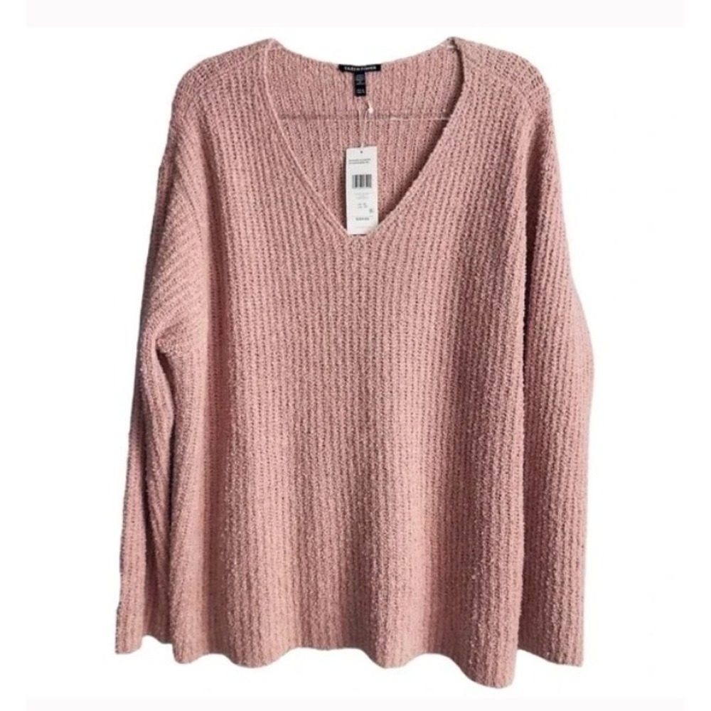 Eileen Fisher XL Opal Pink‎ V-Neck Sweater Organic Cotton and Cashmere Fluff NWT